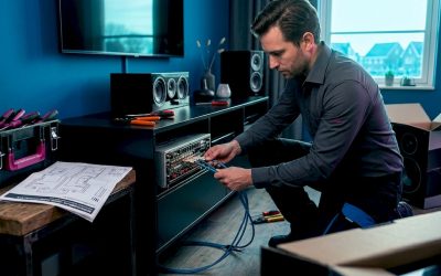 Man die bezig is om de kabels van zijn audiosysteem thuis aan te sluiten