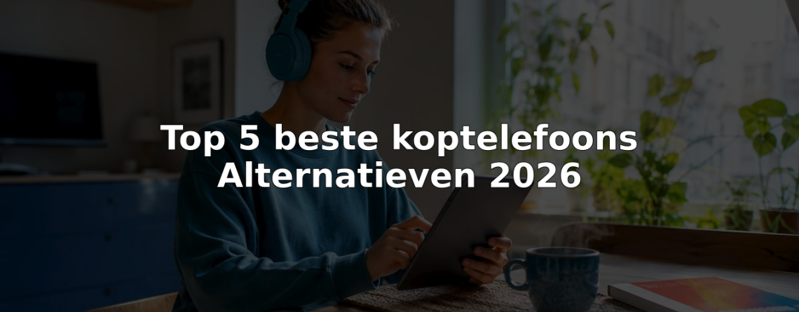 Een vrouw zit aan haar bureau met draadloze koptelefoon op en werkt op haar tablet.