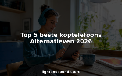 Een vrouw zit aan haar bureau met draadloze koptelefoon op en werkt op haar tablet.