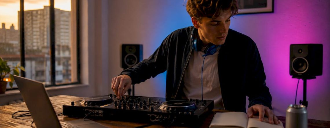Een jonge DJ die thuis zijn eerste draaitafels en mengpaneel aan het klaarzetten is.
