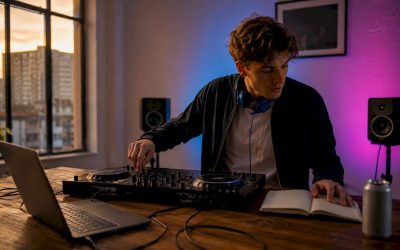 Een jonge DJ die thuis zijn eerste draaitafels en mengpaneel aan het klaarzetten is.