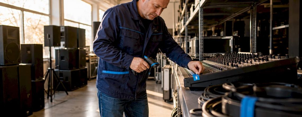 Een technicus brengt labels aan op geluidsapparatuur in het magazijn om de voorraad overzichtelijk te houden.