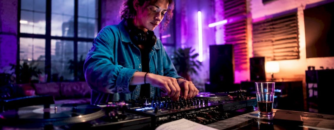 Een jonge dj draait aan de knoppen van zijn mengpaneel in zijn studio thuis.