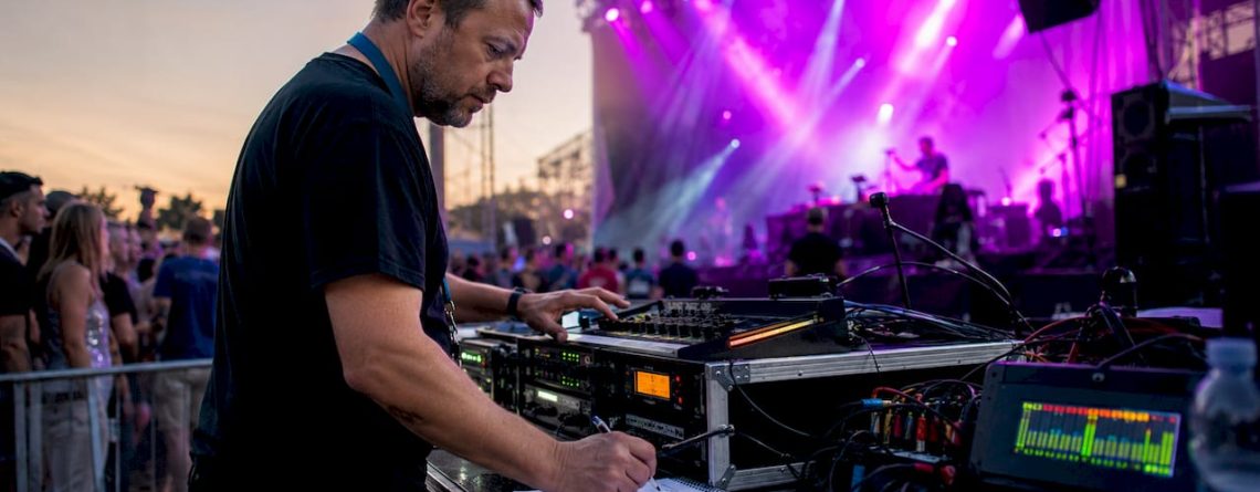 De geluidstechnicus checkt of de limiter goed staat afgesteld in de concertzaal.