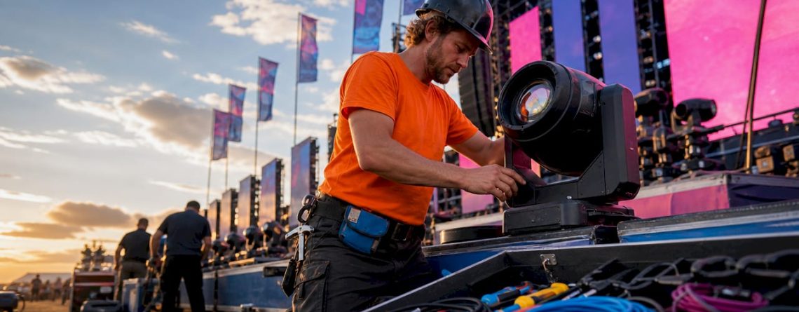 Een lichttechnicus hangt de verlichting op aan het podium van een festival.