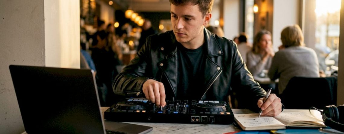 Een jonge man is thuis aan het draaien op zijn DJ-controller.