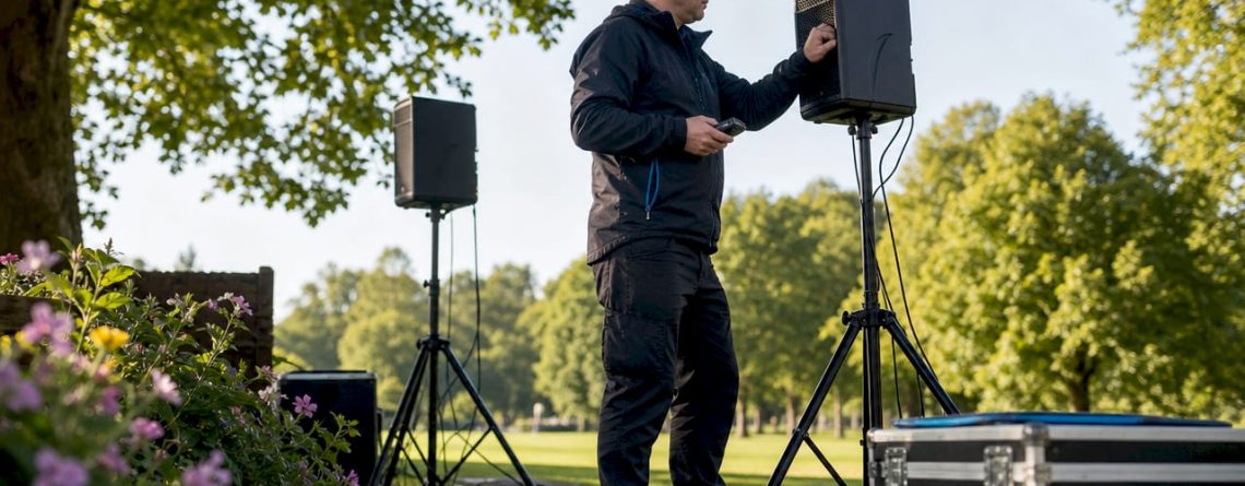 Een technicus voert buiten tests uit met speakers die bestand zijn tegen alle weersomstandigheden.