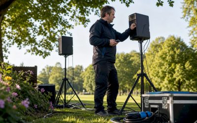 Een technicus voert buiten tests uit met speakers die bestand zijn tegen alle weersomstandigheden.