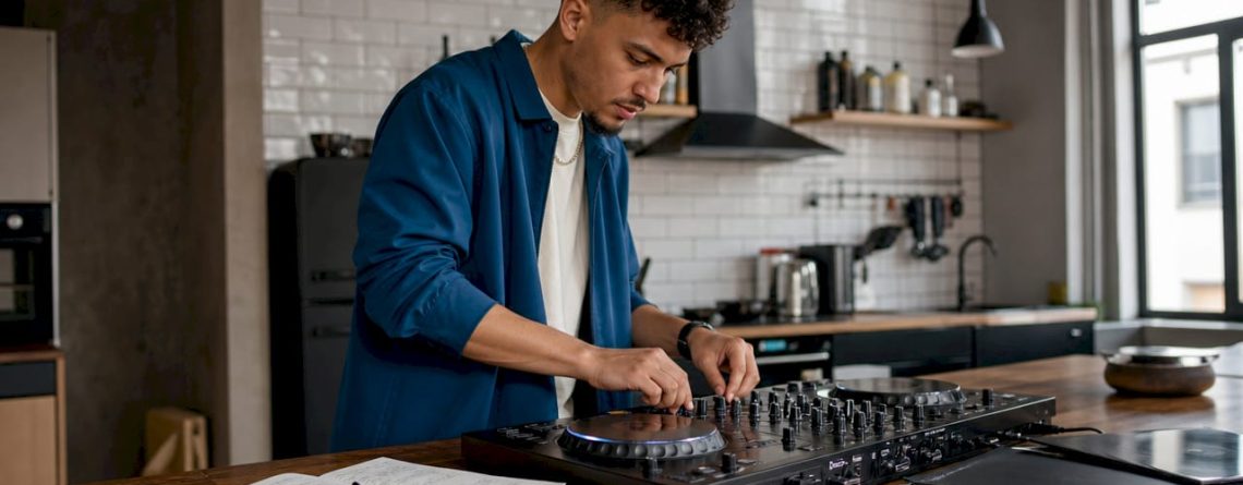 Een jonge man is thuis bezig met zijn dj-controller en draait muziek vanuit zijn eigen studiohoekje.