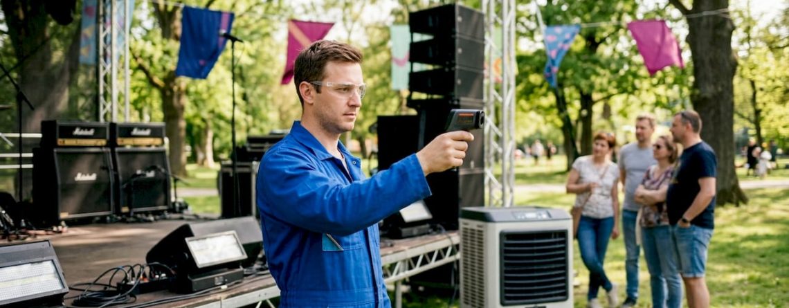 Een technicus houdt de temperatuur van de apparatuur op het podium goed in de gaten.