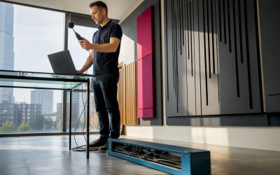 Een technicus stelt de studiomonitors nauwkeurig af voor optimale geluidskwaliteit.
