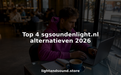 Een DJ die thuis rustig achter zijn laptop zit en online op zoek gaat naar nieuwe audioapparatuur.