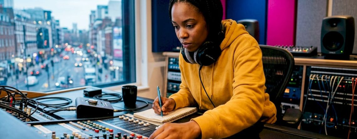 Een vrouw werkt achter een mengpaneel in een professionele opnamestudio.