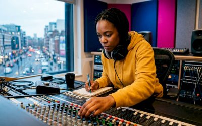 Een vrouw werkt achter een mengpaneel in een professionele opnamestudio.