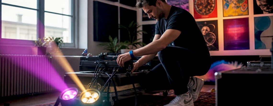 Een DJ stelt de kleurrijke verlichting af in zijn thuisstudio.