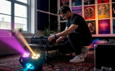 Een DJ stelt de kleurrijke verlichting af in zijn thuisstudio.