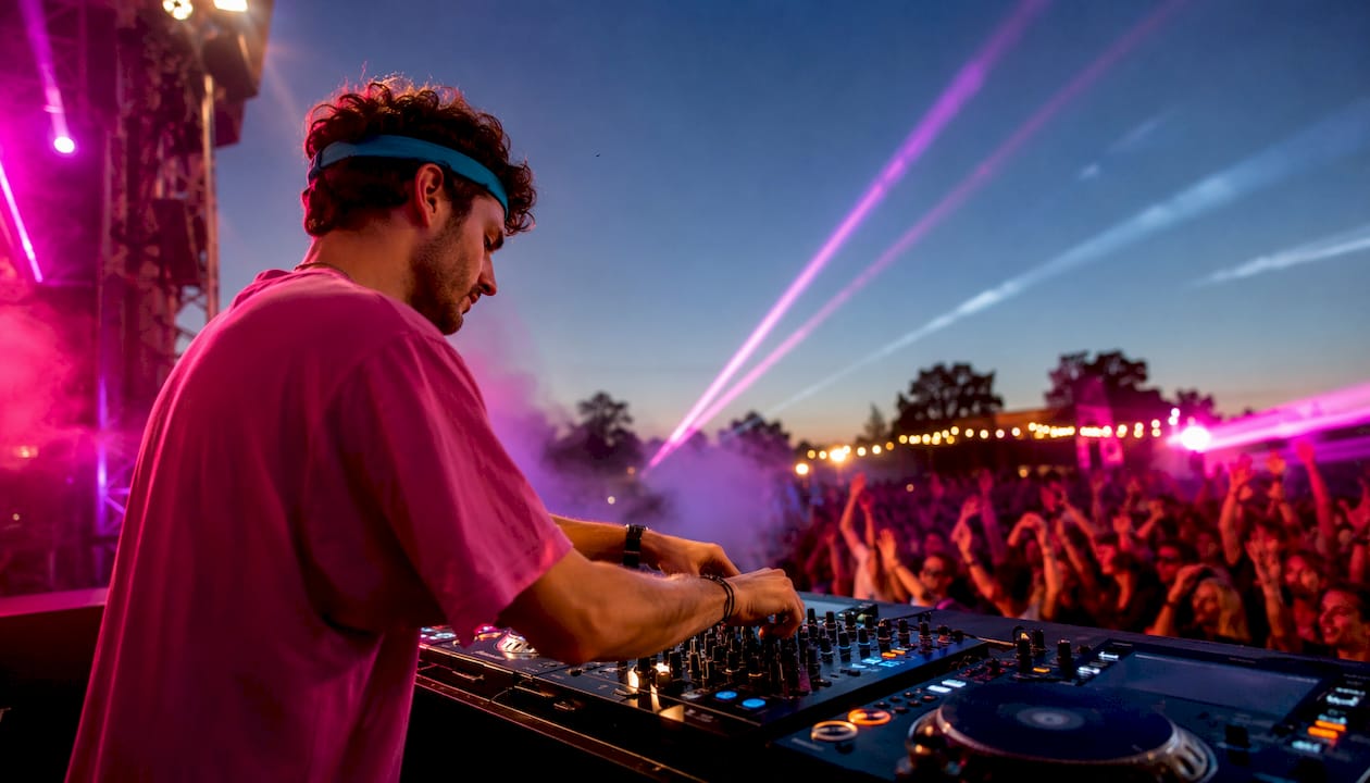 Een DJ die binnen draait, compleet met een spectaculaire lichtshow die continu meespeelt op de muziek.