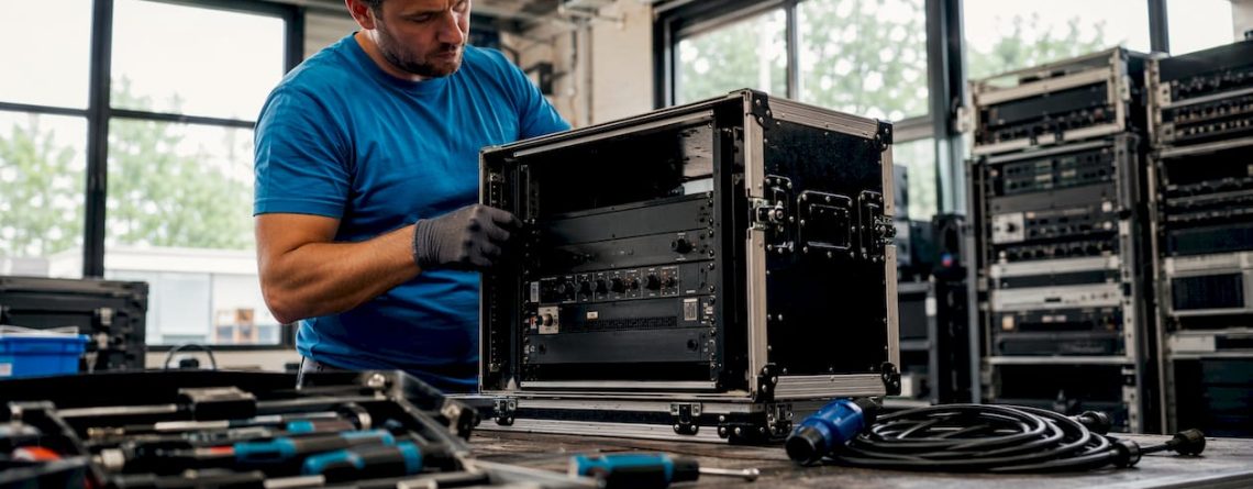 Een DJ-technicus is bezig met het plaatsen van apparatuur in een rack.