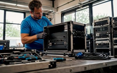 Een DJ-technicus is bezig met het plaatsen van apparatuur in een rack.