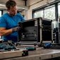 Een DJ-technicus is bezig met het plaatsen van apparatuur in een rack.
