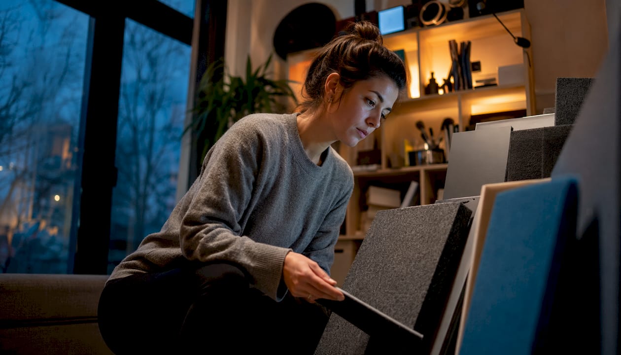 Vrouw oriënteert zich op isolatiemateriaal voor haar thuisstudio