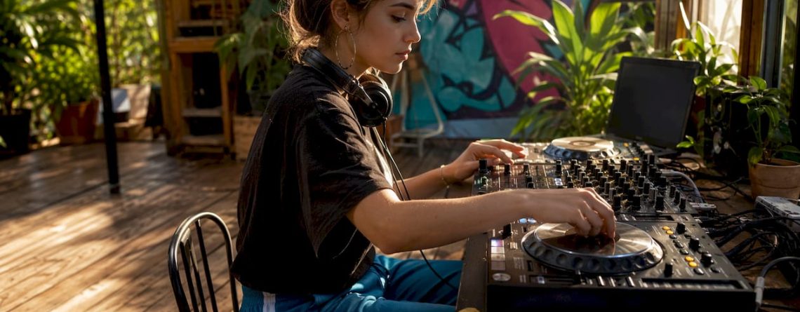 Een beginnende dj is thuis druk aan het oefenen met beatmatchen.