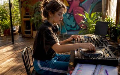 Een beginnende dj is thuis druk aan het oefenen met beatmatchen.