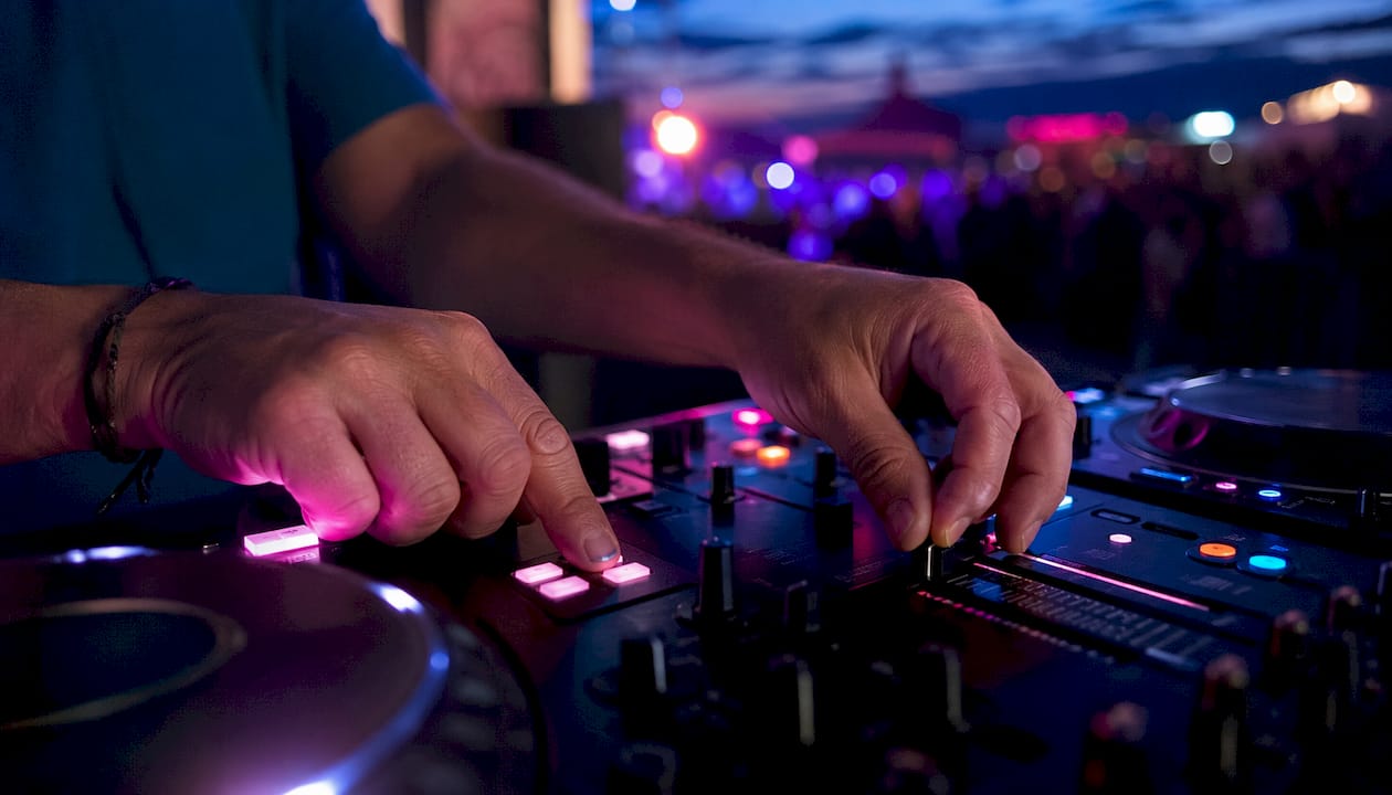 De handen van de DJ sturen de pitch en cue knoppen aan