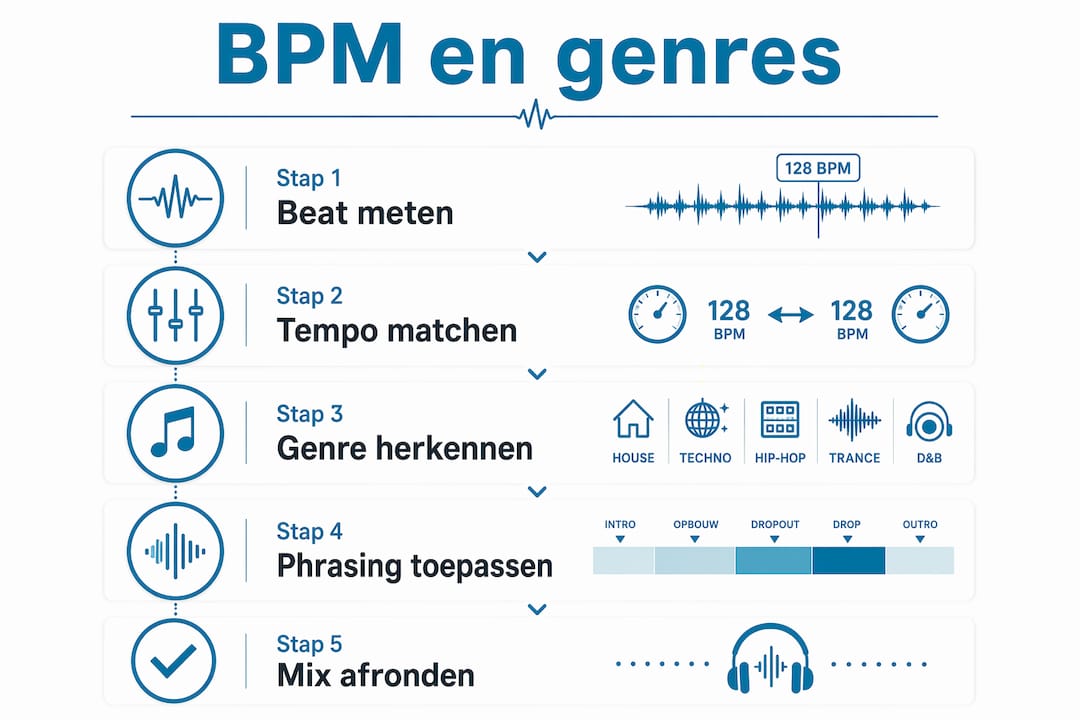 Overzichtelijke infographic met alle stappen voor het bepalen van het BPM en het toepassen van beatmatching