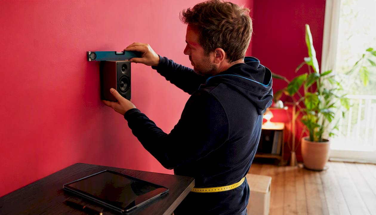 Iemand controleert met een waterpas of de speakers recht staan.