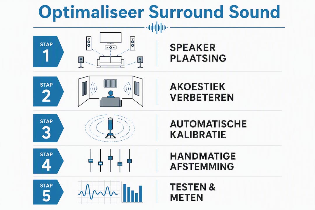 Overzichtelijke infographic met een praktisch stappenplan voor het optimaal instellen van surround sound