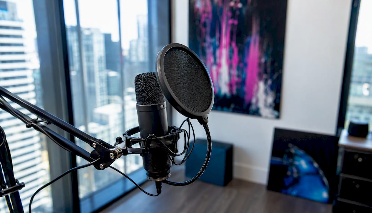 USB-studiomicrofoon met popfilter in een thuisstudio