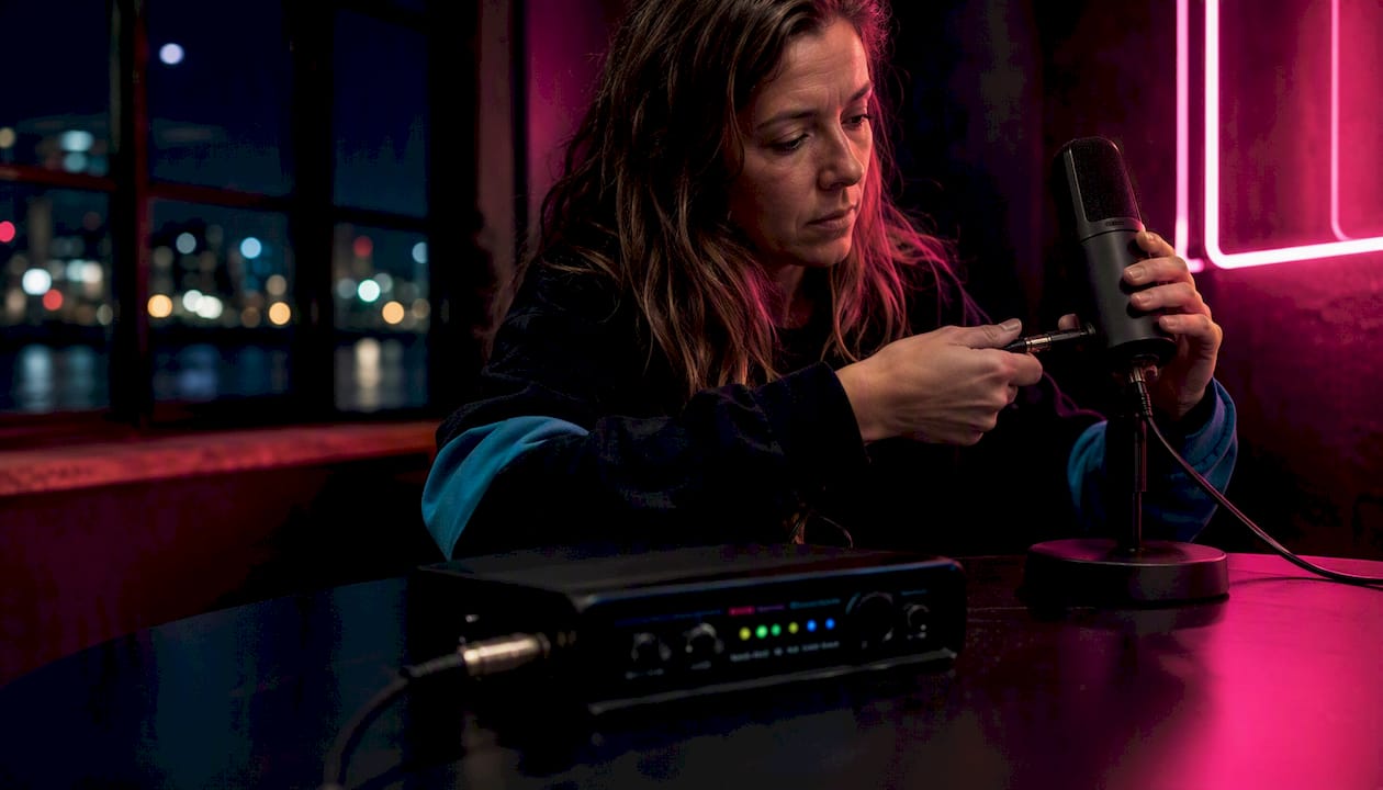 Een vrouw verbindt haar XLR-microfoon met de audio-interface.