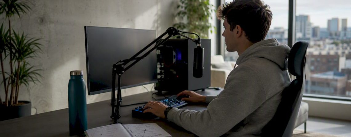 Jonge gamer praat via microfoon achter zijn computer