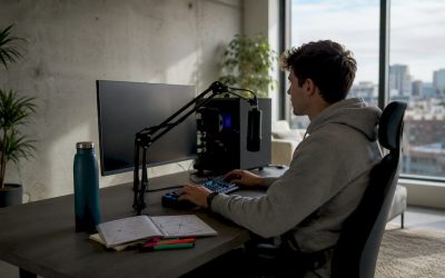 Jonge gamer praat via microfoon achter zijn computer