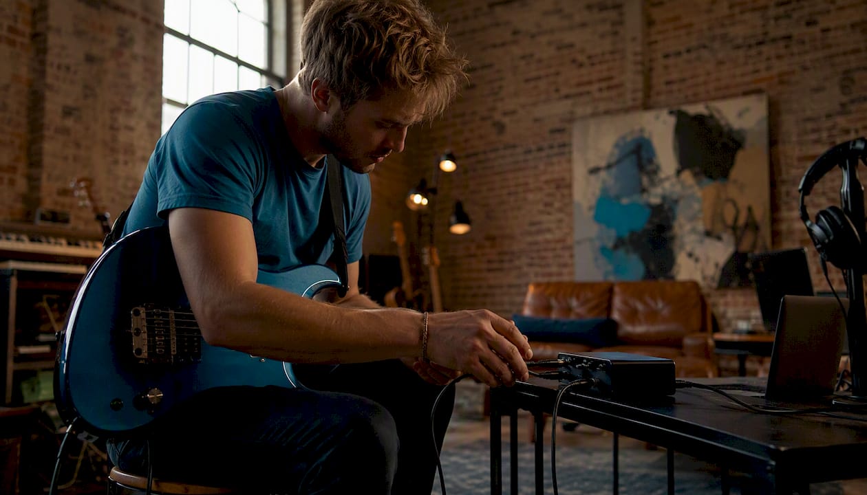 Thuis plugt een gitarist zijn gitaar rechtstreeks in de audio interface voor optimale geluidsopname.