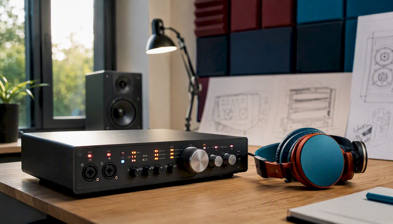 Een gedetailleerde opname van een audio-interface met verschillende knoppen en een aangesloten koptelefoon.