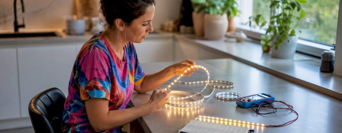 Vrouw probeert verschillende led-strips uit in haar woonkamer