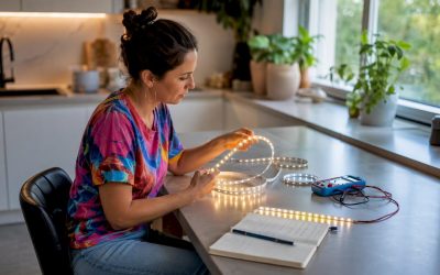 Vrouw probeert verschillende led-strips uit in haar woonkamer