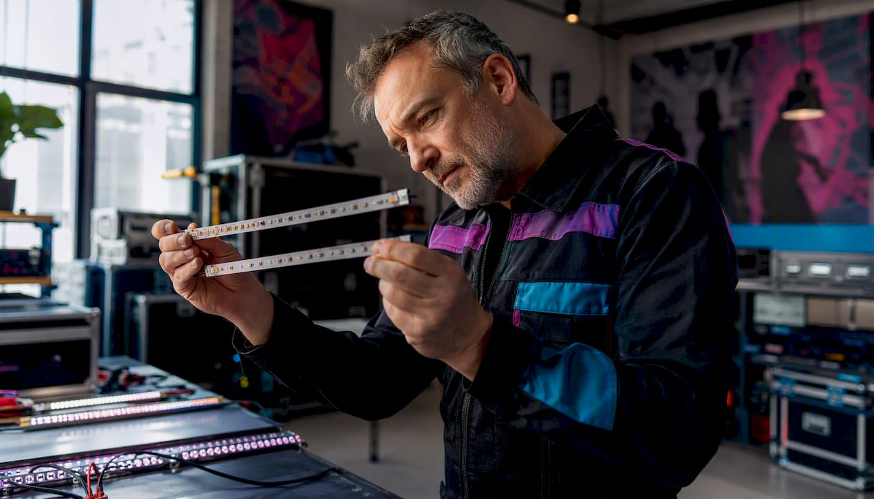 Verschillende soorten ledstrips worden naast elkaar gelegd en met de hand vergeleken.