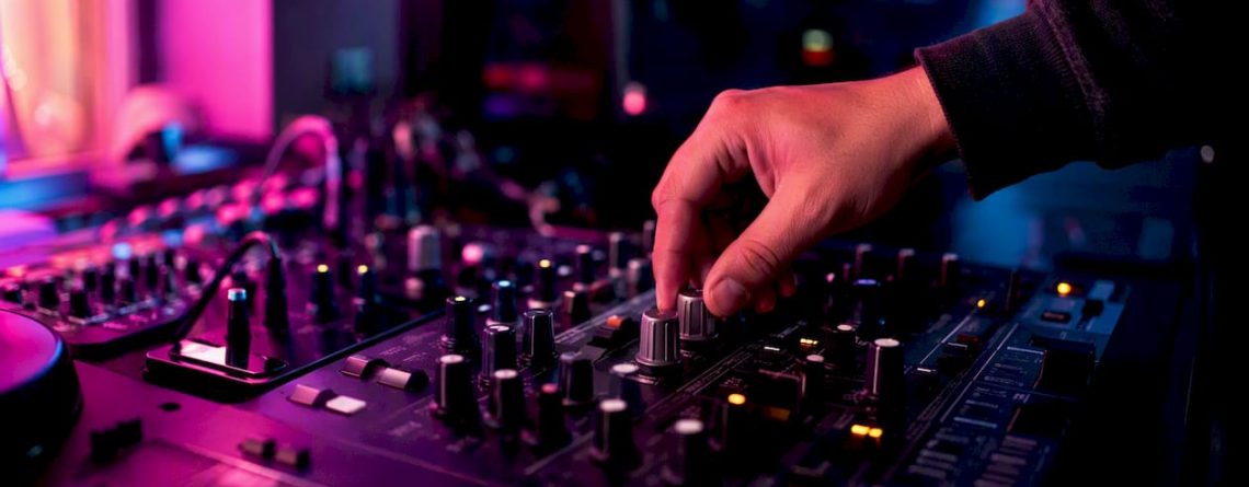 Een hand draait nauwkeurig aan de pan-knop van een DJ-mixer.