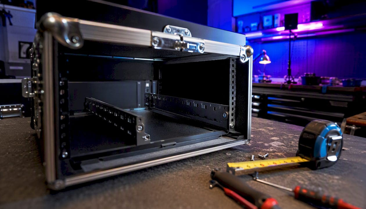 Verschillen in dieptematen tussen flightcases en serverrack rails op een rij