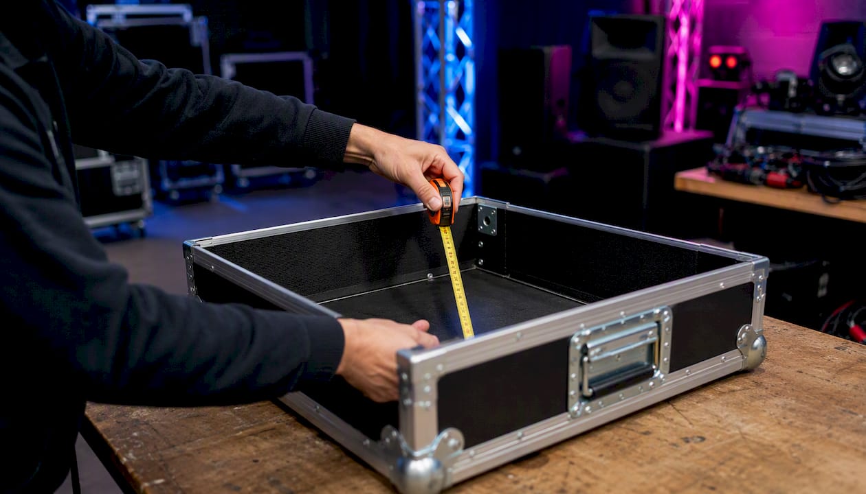 De binnendiepte van een flightcase handmatig opmeten