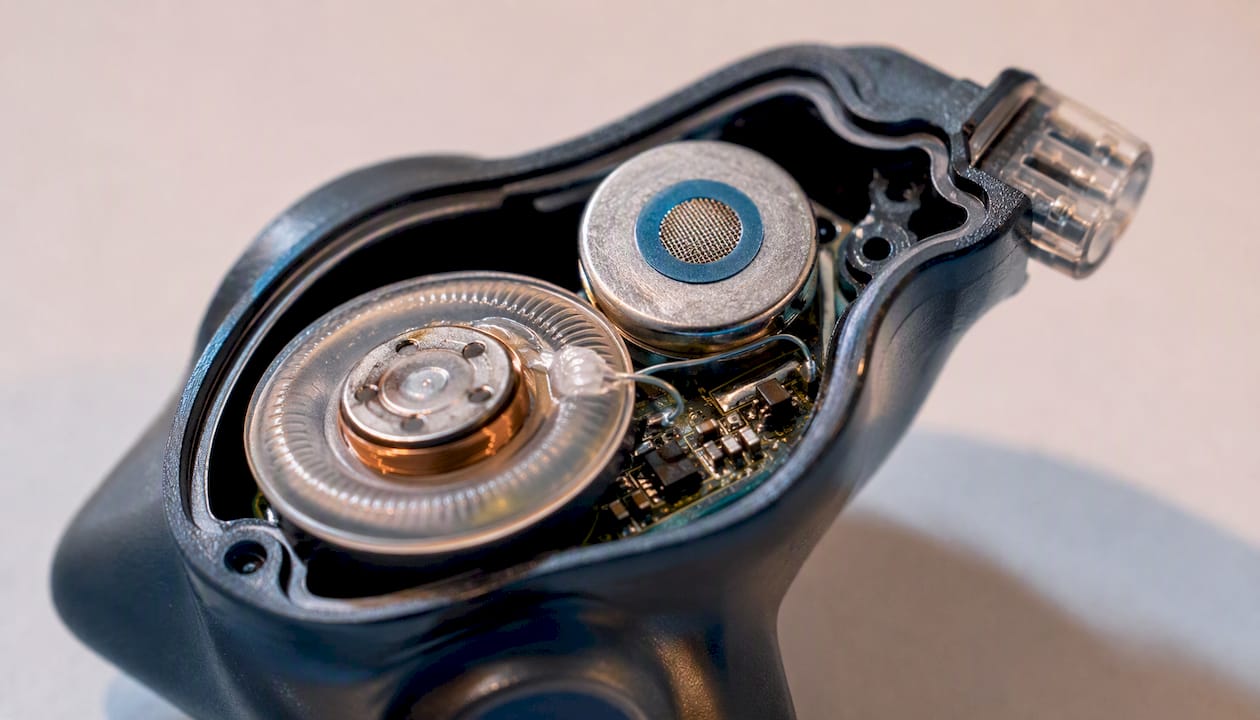 Gedetailleerd beeld van de interne onderdelen van een in-ear monitor
