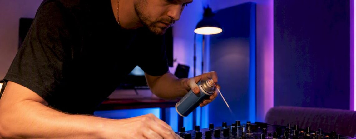 Met een doekje worden de knoppen en schuiven van een DJ-mixer zorgvuldig schoongemaakt.