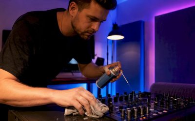 Met een doekje worden de knoppen en schuiven van een DJ-mixer zorgvuldig schoongemaakt.