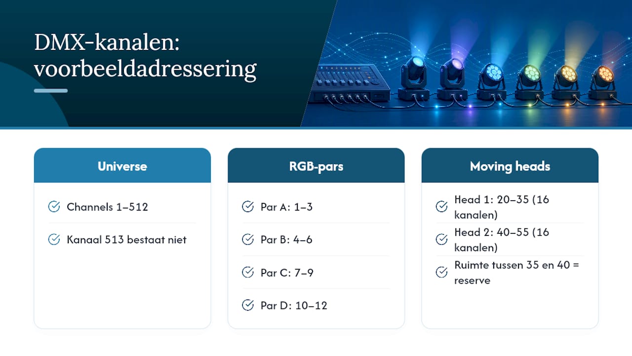 Diagram van voorbeeld DMX-kanaaltoewijzing