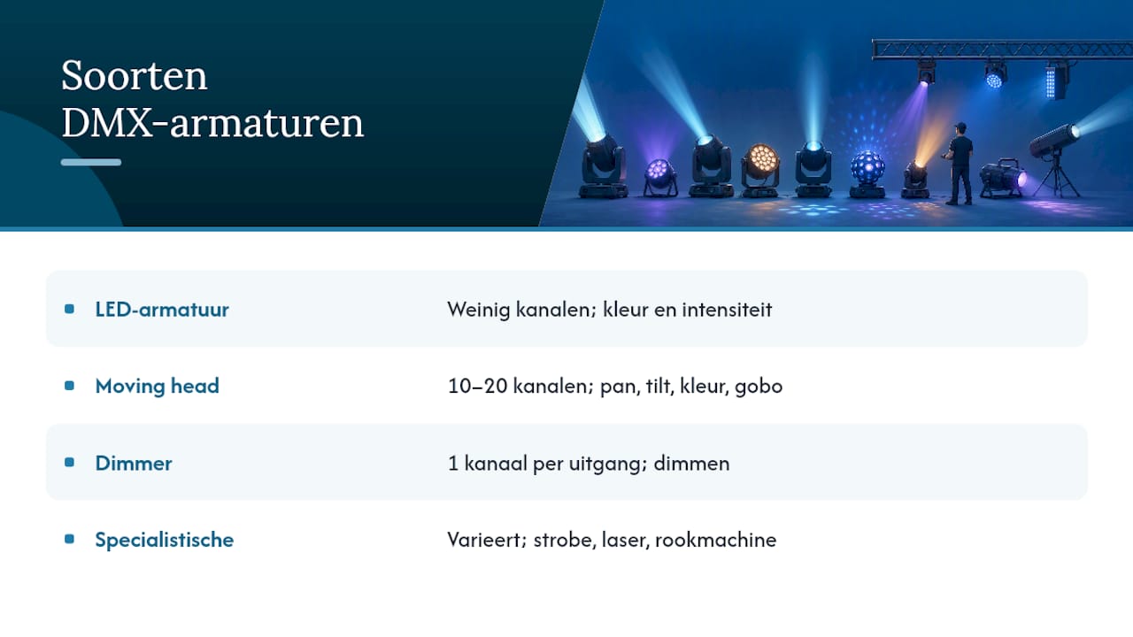 Diagram van verschillende soorten DMX-armaturen en hun functies