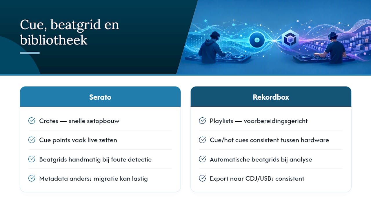 Schema waarin Serato en Rekordbox worden vergeleken op het gebied van cue-punten en bibliotheekbeheer