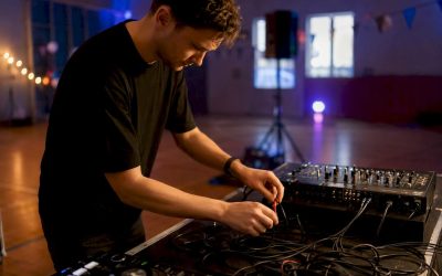 Handen die kabels aansluiten op een DJ-set
